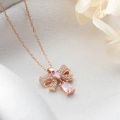 Vaoov 925 Ayar Gümüş Pembe Baget Taşlı Kalpli Kurdele Kolye - 1