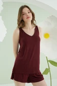 Bordo V Yaka Şortlu Pijama Takımı - 1