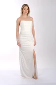Doridorca Drape Yaka Önden Yırtmaçlı Saten Abiye Elbise - 4