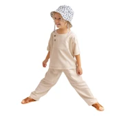 Kontrast Dikişli Keten Unisex Bluz  Bluz-Naturel thumbnail 1