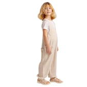 Unisex V Yaka Paça Lastikli Keten Salopet Naturel - 3