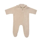 Ayı Kulaklı Kapüşonlu Peluş Tulum-Bej - 1