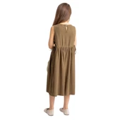 Önü Nakışlı Yandan Bağlamalı Keten Elbise-Kahverengi thumbnail 3