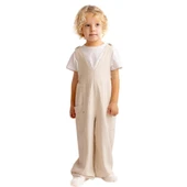 Unisex V Yaka Paça Lastikli Keten Salopet Naturel - 4