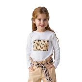 Kız Çocuk Leopar Baskılı Uzun Kollu T-shirt-Beyaz - 1