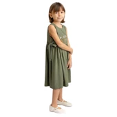 Önü Nakışlı Yandan Bağlamalı Keten Elbise-Haki thumbnail 2