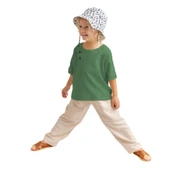 Unisex Kontrast Dikişli Keten Bluz-Haki - 1