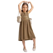 Önü Nakışlı Yandan Bağlamalı Keten Elbise-Kahverengi thumbnail 2