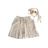 Keten Beli Lastikli Bağcıklı Cepli Unisex Şort-Naturel thumbnail 3