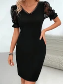 Lucky Life Kadın Kısa Kollu V Yakalı Dantel Detaylı Kısa Ithal Krep Elbise thumbnail 5