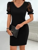 Lucky Life Kadın Kısa Kollu V Yakalı Dantel Detaylı Kısa Ithal Krep Elbise thumbnail 3