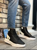 ET0155 Bağcıklı Erkek Yüksek Taban Siyah Beyaz Siyah Taban Spor Bot - 1