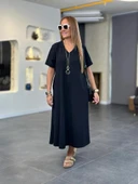 Lucky Life Kadın Kısa Kollu V Yakalı Cep Detaylı Uzun Viskon Iki Iplik Elbise thumbnail 3