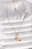 316L Çelik Gold Renk Zincir Zirkon Taşlı Ayıcık Model Kırmızı Kalp Detay Kadın Kolye - TJ-BKO9986 - 2