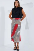 Kırmızı Siyah Desenli Saten Etek 15806 - 2