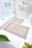Naturel Pamuklu Kilim Yıkanabilir Banyo Paspası 2'li Klozet Takımı 60x100-50x60cm Çiçekli - 1