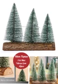 3 Lü Set Nevada Mini Çam Ağaçları Meşe Kütük Üzerinde Yılbaşı Hediyesi  16-12-10  cm - 1