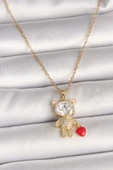 316L Çelik Gold Renk Zincir Zirkon Taşlı Ayıcık Model Kırmızı Kalp Detay Kadın Kolye - TJ-BKO9986 - 1