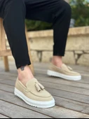 ET0154  Bağcıksız Yüksek Taban Keten Krem Renk Püsküllü Erkek Ayakkabı - 1
