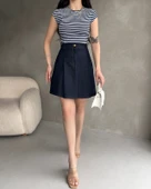 Yüksek Bel Pileli Denim Mini Etek - 1