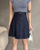Yüksek Bel Pileli Denim Mini Etek - 2