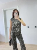 Leopar Desenli Düğmeli Bluzlu Pantolon İkili Takım -Leopar - 2