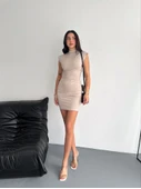 Yarım Bogazlı Kolsuz Mini Boy Elbise - Bej - 3