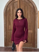 Sırt Pencereli Mini Triko Elbise - Bordo - 1