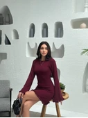 Sırt Pencereli Mini Triko Elbise - Bordo - 4