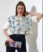 Çiçek Tül Detaylı Nakışlı Bluz T-shirt - 1
