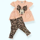 Somon Renk Minie Mouse Papyon Desenli Leopar Kapri Takım - 3