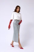 Varak Baskılı Yırtmaçlı Maxi Denim Etek - 1