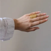 Çelik Yüzük Kadın Altın Kaplama Çiçek Desenli Kaburga YZK-492 - 2