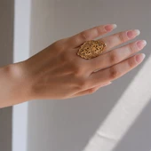 Çelik Yüzük Kadın Altın Kaplama Desenli İmitasyon Hint Model Yüzük Ayarlanabilir Boy YZK-474 - 2