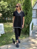 Kadın Kısa Kollu V Yakalı Iki Iplik Bluz Ve Pantolon Ikili Takım - 6