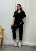 Kadın Kısa Kollu V Yakalı Iki Iplik Bluz Ve Pantolon Ikili Takım - 10