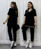 Kadın Kısa Kollu V Yakalı Iki Iplik Bluz Ve Pantolon Ikili Takım - 9