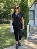 Kadın Kısa Kollu V Yakalı Iki Iplik Bluz Ve Pantolon Ikili Takım - 2