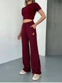 Osy Modal Yumuşak Dokulu Kumaş Nakış Işlemeli Rahat Bol Paça Eşofman Pantalon - Bordo - 1