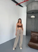 Osy Modal Yumuşak Dokulu Kumaş Nakış Işlemeli Rahat Bol Paça Eşofman Pantalon - Bej - 4