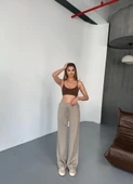 Osy Modal Yumuşak Dokulu Kumaş Nakış Işlemeli Rahat Bol Paça Eşofman Pantalon - Bej - 3