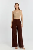 Kahverengi Palazzo Geniş Paça Dokuma Kumaş Pantolon - 1