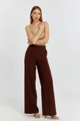 Kahverengi Palazzo Geniş Paça Dokuma Kumaş Pantolon - 4