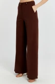 Kahverengi Palazzo Geniş Paça Dokuma Kumaş Pantolon - 7