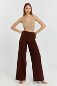 Kahverengi Palazzo Geniş Paça Dokuma Kumaş Pantolon - 2