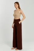 Kahverengi Palazzo Geniş Paça Dokuma Kumaş Pantolon - 10