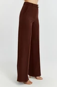 Kahverengi Palazzo Geniş Paça Dokuma Kumaş Pantolon - 8