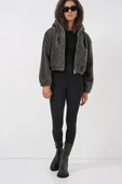 5193 Kapüşonlu Peluş Crop Ceket - Antrasit - 3