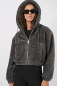 5193 Kapüşonlu Peluş Crop Ceket - Antrasit - 1