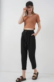 6660 Kemerli Keten Pantolon - Siyah - 1